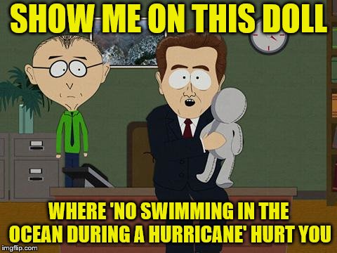 People be cray. | SHOW ME ON THIS DOLL; WHERE 'NO SWIMMING IN THE OCEAN DURING A HURRICANE' HURT YOU | image tagged in show me on this doll,memes,hurricane,no swimming | made w/ Imgflip meme maker