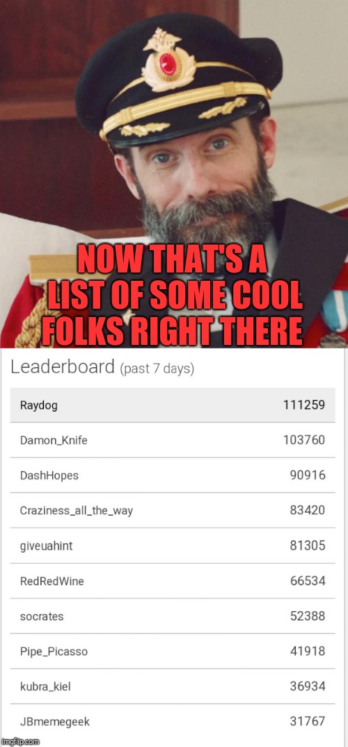 Lots of cool folks not on the list too, but these are some of the coolest. Not sure how I sneaked in though lol :-)  | NOW THAT'S A LIST OF SOME COOL FOLKS RIGHT THERE | image tagged in leaderboard,jbmemegeek,captain hindsight,giveuahint,redredwine,craziness_all_the_way | made w/ Imgflip meme maker