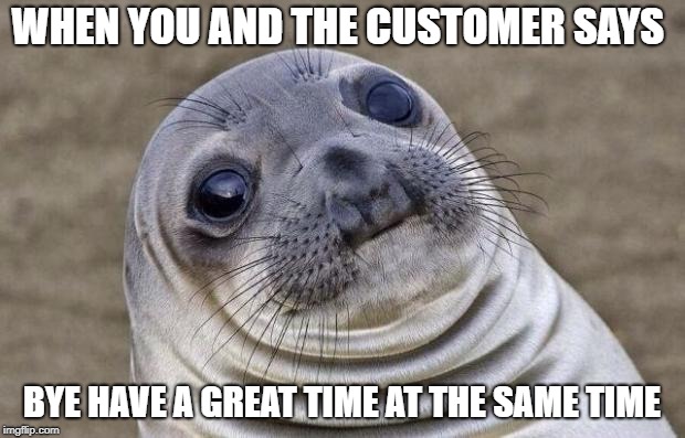 true | WHEN YOU AND THE CUSTOMER SAYS; BYE HAVE A GREAT TIME AT THE SAME TIME | image tagged in memes,awkward moment sealion,so true memes | made w/ Imgflip meme maker