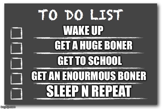 To do list | WAKE UP; GET A HUGE BONER; GET TO SCHOOL; GET AN ENOURMOUS BONER; SLEEP N REPEAT | image tagged in to do list | made w/ Imgflip meme maker
