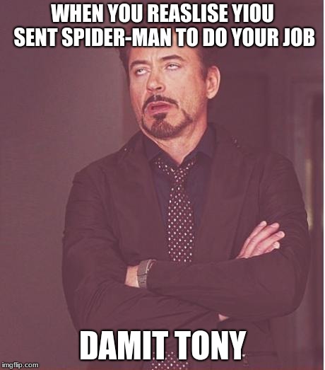 Face You Make Robert Downey Jr Meme | WHEN YOU REASLISE YIOU SENT SPIDER-MAN TO DO YOUR JOB; DAMIT TONY | image tagged in memes,face you make robert downey jr | made w/ Imgflip meme maker