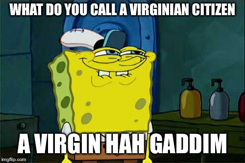 Don't You Squidward Meme | WHAT DO YOU CALL A VIRGINIAN CITIZEN; A VIRGIN HAH GADDIM | image tagged in memes,dont you squidward | made w/ Imgflip meme maker