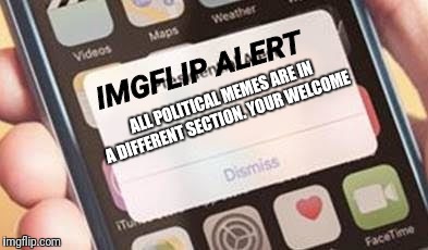Imgflip alert  | IMGFLIP ALERT; ALL POLITICAL MEMES ARE IN A DIFFERENT SECTION. YOUR WELCOME | image tagged in imgflip | made w/ Imgflip meme maker