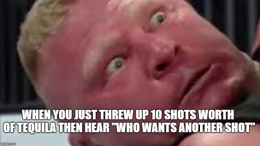 WHEN YOU JUST THREW UP 10 SHOTS WORTH OF TEQUILA THEN HEAR "WHO WANTS ANOTHER SHOT" | image tagged in wwe,funny,brock lesnar | made w/ Imgflip meme maker