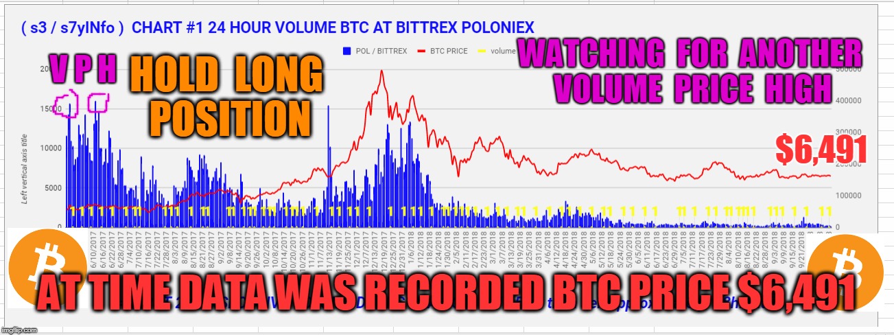 V P H; WATCHING  FOR  ANOTHER  VOLUME  PRICE  HIGH; HOLD  LONG  POSITION; $6,491; AT TIME DATA WAS RECORDED BTC PRICE $6,491 | made w/ Imgflip meme maker
