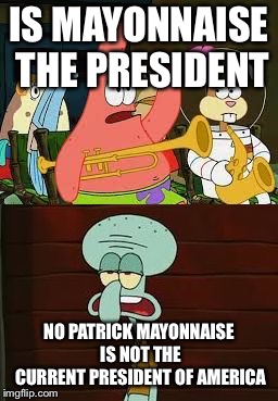 Is Mayonnaise An Instrument?  | IS MAYONNAISE THE PRESIDENT; NO PATRICK MAYONNAISE IS NOT THE CURRENT PRESIDENT OF AMERICA | image tagged in is mayonnaise an instrument,politics,political meme,president | made w/ Imgflip meme maker