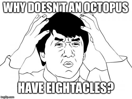 Jackie Chan WTF Meme | WHY DOESN’T AN OCTOPUS; HAVE EIGHTACLES? | image tagged in memes,jackie chan wtf,philosoraptor | made w/ Imgflip meme maker