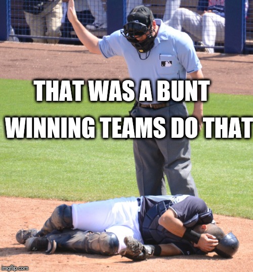 Umpire and Catcher | THAT WAS A BUNT WINNING TEAMS DO THAT | image tagged in umpire and catcher | made w/ Imgflip meme maker