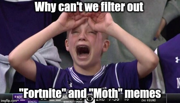 It's not complicated enough for me | Why can't we filter out; "Fortnite" and "Moth" memes | image tagged in northwestern no,imgflip,not funny,funny,why not both,confused | made w/ Imgflip meme maker