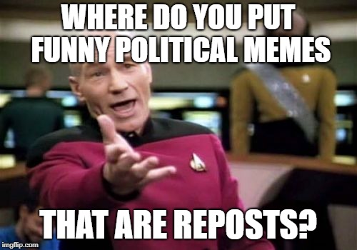 Picard Wtf Meme | WHERE DO YOU PUT FUNNY POLITICAL MEMES THAT ARE REPOSTS? | image tagged in memes,picard wtf | made w/ Imgflip meme maker