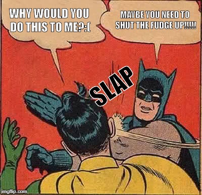 Batman Slapping Robin Meme | WHY WOULD YOU DO THIS TO ME?:(; MAYBE YOU NEED TO SHUT THE FUDGE UP!!!!! SLAP | image tagged in memes,batman slapping robin | made w/ Imgflip meme maker
