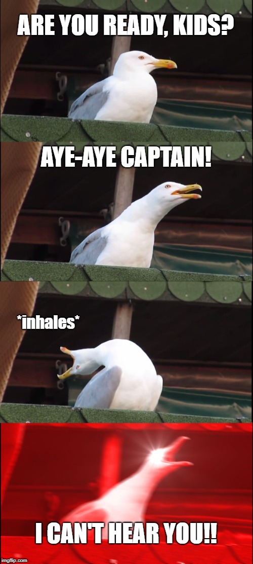 Inhaling Seagull | ARE YOU READY, KIDS? AYE-AYE CAPTAIN! *inhales*; I CAN'T HEAR YOU!! | image tagged in memes,inhaling seagull | made w/ Imgflip meme maker