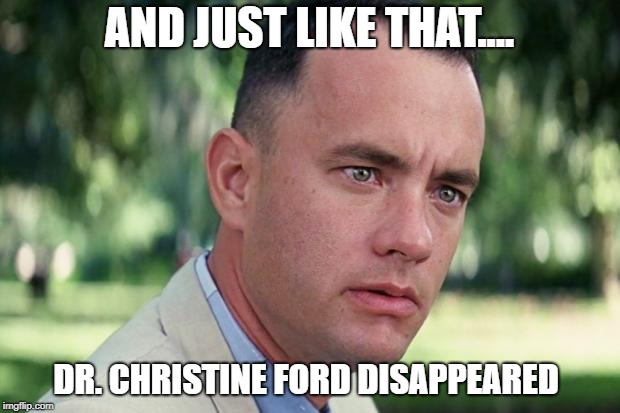 gump dr. christine ford | AND JUST LIKE THAT.... DR. CHRISTINE FORD DISAPPEARED | image tagged in forrest gump,christine ford | made w/ Imgflip meme maker