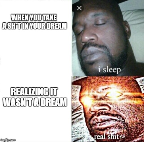 Sleeping Shaq | WHEN YOU TAKE A SH*T IN YOUR DREAM; REALIZING IT WASN'T A DREAM | image tagged in memes,sleeping shaq | made w/ Imgflip meme maker
