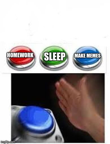 Red Green Blue Buttons | MAKE MEMES; SLEEP; HOMEWORK | image tagged in red green blue buttons | made w/ Imgflip meme maker