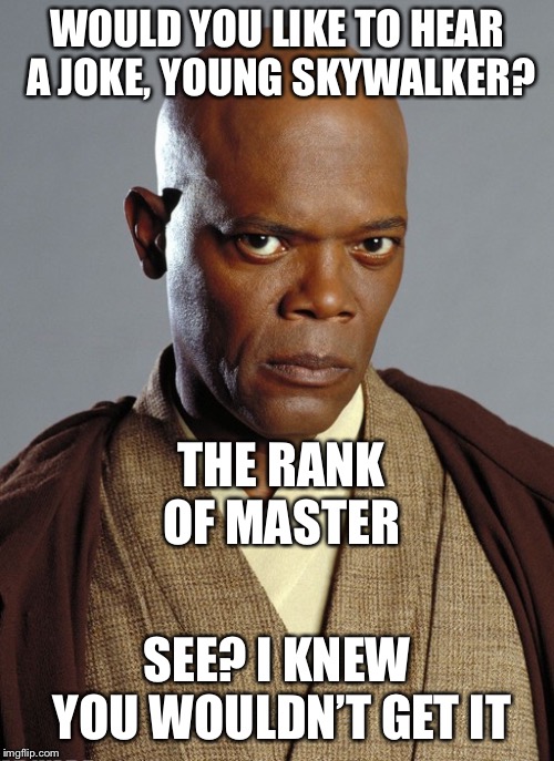 mace windu | WOULD YOU LIKE TO HEAR A JOKE, YOUNG SKYWALKER? THE RANK OF MASTER; SEE? I KNEW YOU WOULDN’T GET IT | image tagged in mace windu | made w/ Imgflip meme maker