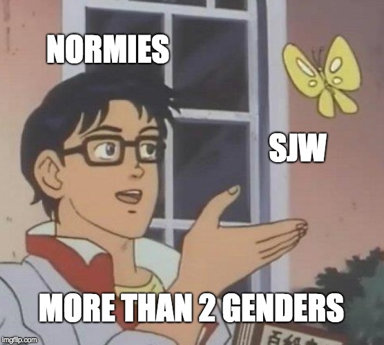 Is This A Pigeon Meme | NORMIES; SJW; MORE THAN 2 GENDERS | image tagged in memes,is this a pigeon | made w/ Imgflip meme maker
