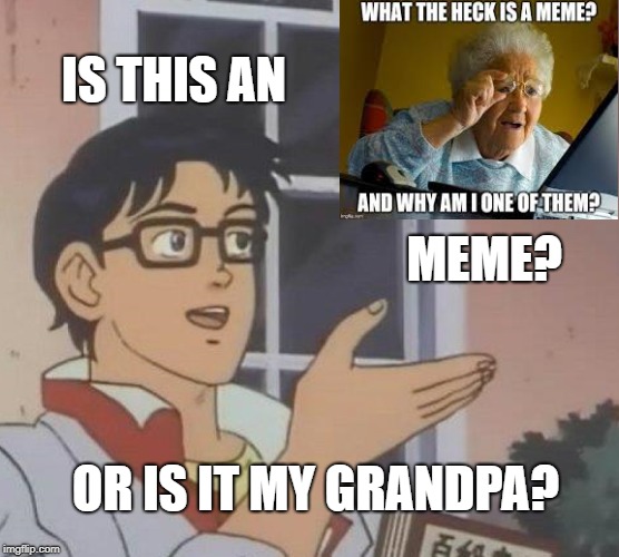 Is This A Pigeon Meme | IS THIS AN; MEME? OR IS IT MY GRANDPA? | image tagged in memes,is this a pigeon | made w/ Imgflip meme maker