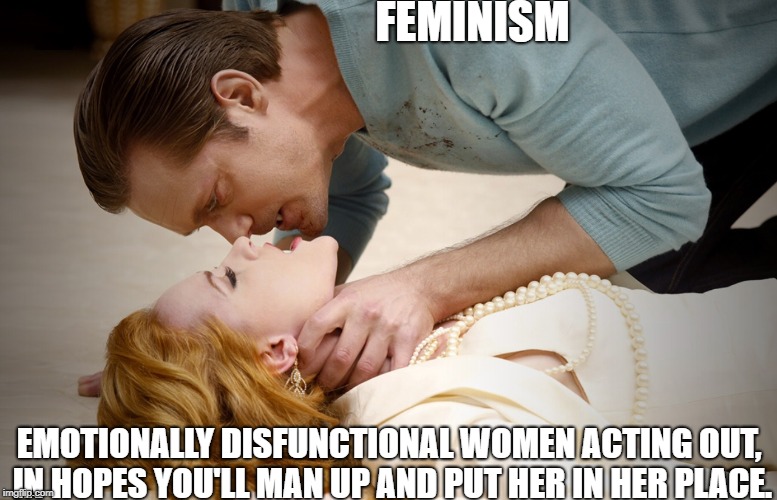 FEMINISM; EMOTIONALLY DISFUNCTIONAL WOMEN ACTING OUT, IN HOPES YOU'LL MAN UP AND PUT HER IN HER PLACE. | image tagged in feminism masculinity | made w/ Imgflip meme maker