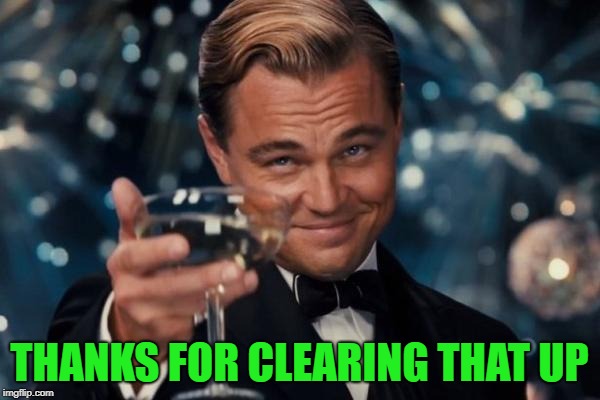 Leonardo Dicaprio Cheers Meme | THANKS FOR CLEARING THAT UP | image tagged in memes,leonardo dicaprio cheers | made w/ Imgflip meme maker