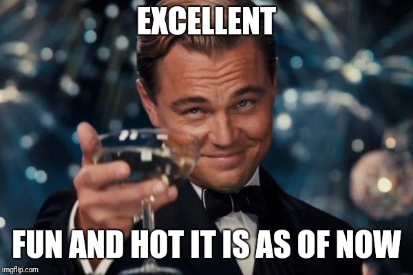 Leonardo Dicaprio Cheers | EXCELLENT; FUN AND HOT IT IS AS OF NOW | image tagged in memes,leonardo dicaprio cheers | made w/ Imgflip meme maker