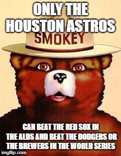 My bet hands down! | ONLY THE HOUSTON ASTROS; CAN BEAT THE RED SOX IN THE ALDS AND BEAT THE DODGERS OR THE BREWERS IN THE WORLD SERIES | image tagged in smokey the bear,mlb baseball,prediction | made w/ Imgflip meme maker