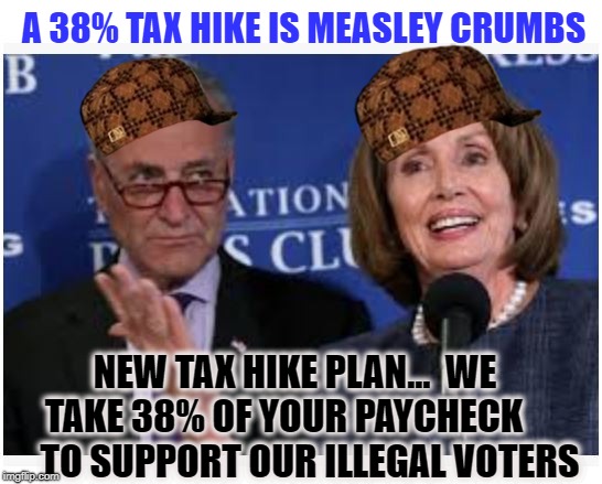 politics scumbags liberal democrats pelosi 38%TaxHike  | A 38% TAX HIKE IS MEASLEY CRUMBS; NEW TAX HIKE PLAN...  WE TAKE 38% OF YOUR PAYCHECK

   

 TO SUPPORT OUR ILLEGAL VOTERS | image tagged in american politics,nancy pelosi is crazy,chuck schumer | made w/ Imgflip meme maker
