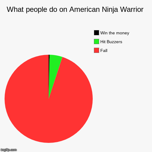 What people do on American Ninja Warrior | Fall, Hit Buzzers, Win the money | image tagged in funny,pie charts | made w/ Imgflip chart maker