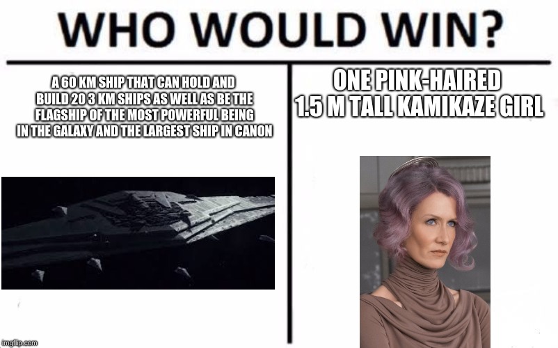 Who Would Win? Meme | ONE PINK-HAIRED 1.5 M TALL KAMIKAZE GIRL; A 60 KM SHIP THAT CAN HOLD AND BUILD 20 3 KM SHIPS AS WELL AS BE THE FLAGSHIP OF THE MOST POWERFUL BEING IN THE GALAXY AND THE LARGEST SHIP IN CANON | image tagged in memes,who would win,scumbag | made w/ Imgflip meme maker