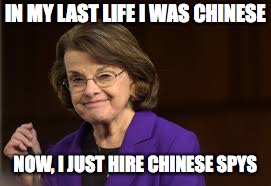 In my last life I was Chinese | IN MY LAST LIFE I WAS CHINESE; NOW, I JUST HIRE CHINESE SPYS | image tagged in dianne feinstein,spy,chinese | made w/ Imgflip meme maker