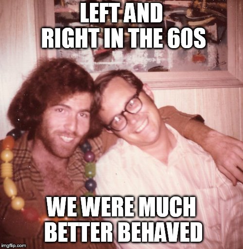 peace | LEFT AND RIGHT IN THE 60S; WE WERE MUCH BETTER BEHAVED | image tagged in hippie | made w/ Imgflip meme maker