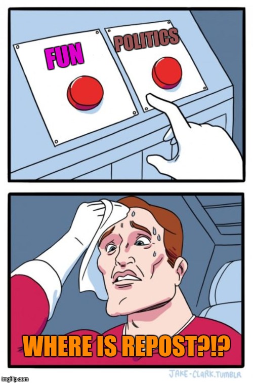 Two Buttons Meme | FUN POLITICS WHERE IS REPOST?!? | image tagged in memes,two buttons | made w/ Imgflip meme maker