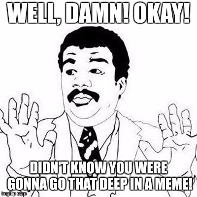 WELL, DAMN! OKAY! DIDN'T KNOW YOU WERE GONNA GO THAT DEEP IN A MEME! | made w/ Imgflip meme maker