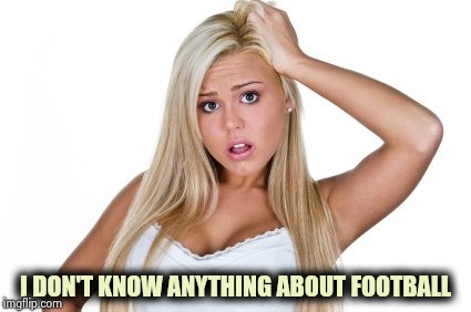 Dumb Blonde | I DON'T KNOW ANYTHING ABOUT FOOTBALL | image tagged in dumb blonde | made w/ Imgflip meme maker