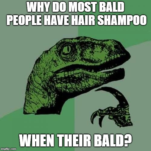 Bald people and Shampoo | WHY DO MOST BALD PEOPLE HAVE HAIR SHAMPOO; WHEN THEIR BALD? | image tagged in memes,philosoraptor | made w/ Imgflip meme maker