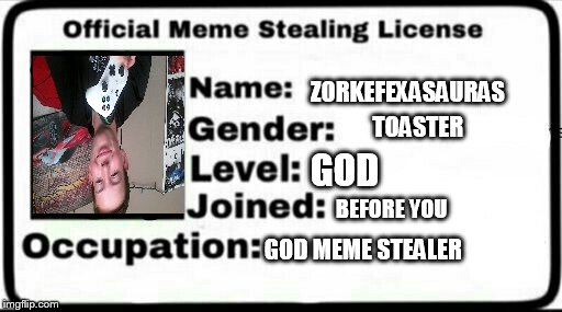 Meme Stealing License | ZORKEFEXASAURAS; TOASTER; GOD; BEFORE YOU; GOD MEME STEALER | image tagged in meme stealing license | made w/ Imgflip meme maker