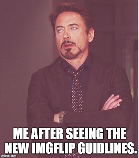 Like the old saying, "If it ain't broke, don't fix it." | ME AFTER SEEING THE NEW IMGFLIP GUIDLINES. | image tagged in memes,face you make robert downey jr | made w/ Imgflip meme maker