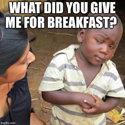 Third World Skeptical Kid | WHAT DID YOU GIVE ME FOR BREAKFAST? | image tagged in memes,third world skeptical kid | made w/ Imgflip meme maker