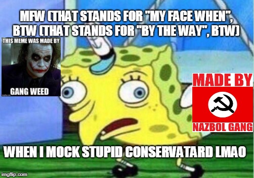 We out here | MFW (THAT STANDS FOR "MY FACE WHEN", BTW (THAT STANDS FOR "BY THE WAY", BTW); WHEN I MOCK STUPID CONSERVATARD LMAO | image tagged in memes,mocking spongebob | made w/ Imgflip meme maker