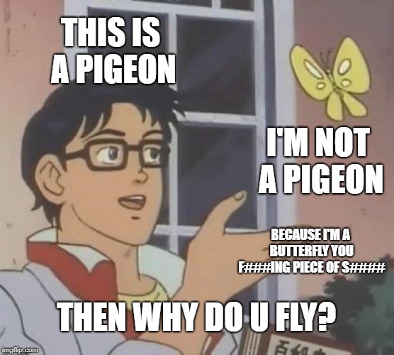 Is This A Pigeon Meme | THIS IS A PIGEON; I'M NOT A PIGEON; BECAUSE I'M A BUTTERFLY YOU F###ING PIECE OF S####; THEN WHY DO U FLY? | image tagged in memes,is this a pigeon | made w/ Imgflip meme maker