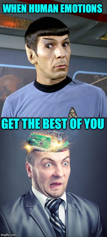 Brain short circuit. | WHEN HUMAN EMOTIONS; GET THE BEST OF YOU | image tagged in spock,emotions,memes,funny | made w/ Imgflip meme maker