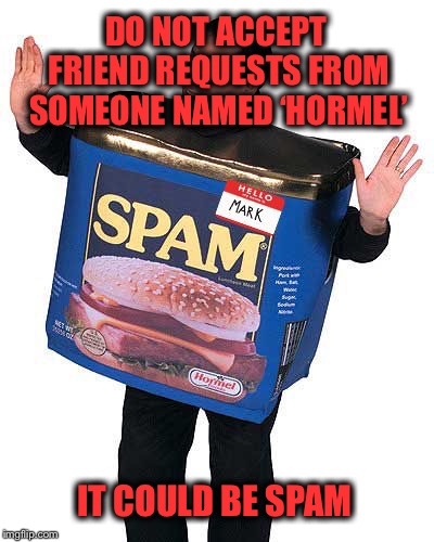 You don’t know who to trust anymore  | DO NOT ACCEPT FRIEND REQUESTS FROM SOMEONE NAMED ‘HORMEL’; IT COULD BE SPAM | image tagged in spam,facebook,friend request | made w/ Imgflip meme maker