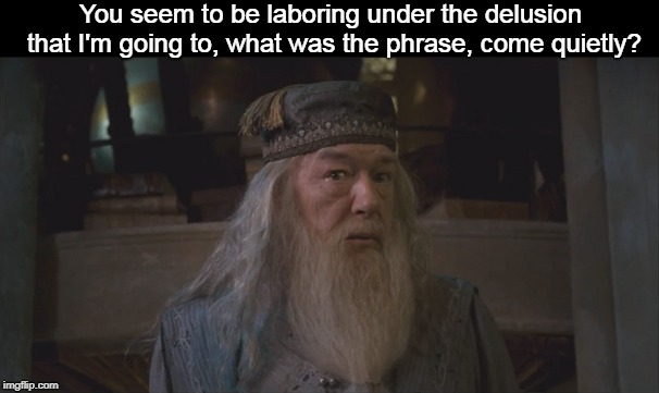 Dumbledore - Come quietly | You seem to be laboring under the delusion that I'm going to, what was the phrase, come quietly? | image tagged in harry potter,albus dumbledore,dumbledore,innuendo | made w/ Imgflip meme maker