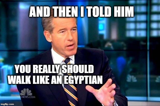 Brian Williams Was There 2 Meme | AND THEN I TOLD HIM YOU REALLY SHOULD WALK LIKE AN EGYPTIAN | image tagged in memes,brian williams was there 2 | made w/ Imgflip meme maker