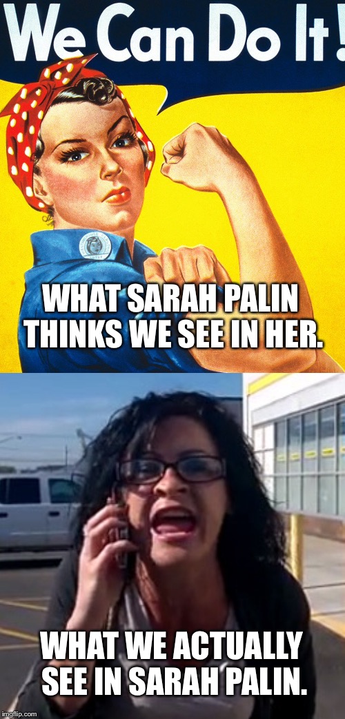 What we really see in Sarah Palin (play on her Instagram post) | WHAT SARAH PALIN THINKS WE SEE IN HER. WHAT WE ACTUALLY SEE IN SARAH PALIN. | image tagged in sarah palin crazy,racist,angry,white privilege,delusional,politicians | made w/ Imgflip meme maker