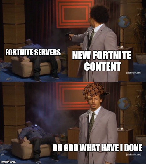 Who Killed Hannibal | FORTNITE SERVERS; NEW FORTNITE CONTENT; OH GOD WHAT HAVE I DONE | image tagged in memes,who killed hannibal,scumbag | made w/ Imgflip meme maker