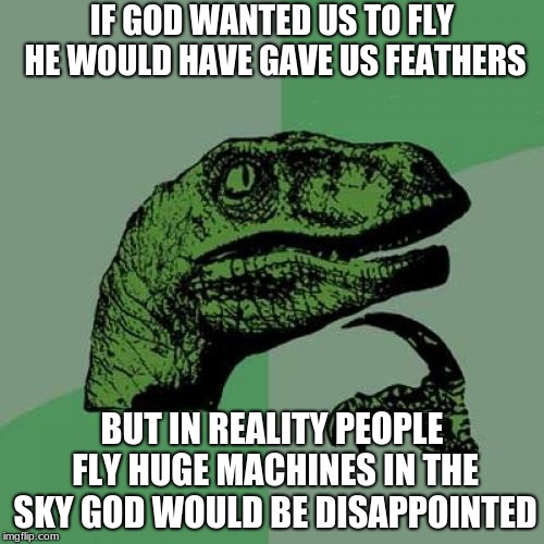 Philosoraptor | IF GOD WANTED US TO FLY HE WOULD HAVE GAVE US FEATHERS; BUT IN REALITY PEOPLE FLY HUGE MACHINES IN THE SKY GOD WOULD BE DISAPPOINTED | image tagged in memes,philosoraptor | made w/ Imgflip meme maker