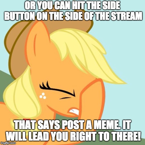 AJ face hoof | OR YOU CAN HIT THE SIDE BUTTON ON THE SIDE OF THE STREAM THAT SAYS POST A MEME. IT WILL LEAD YOU RIGHT TO THERE! | image tagged in aj face hoof | made w/ Imgflip meme maker