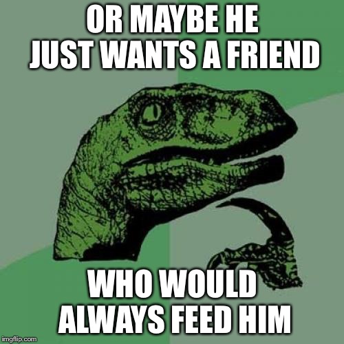 Philosoraptor Meme | OR MAYBE HE JUST WANTS A FRIEND WHO WOULD ALWAYS FEED HIM | image tagged in memes,philosoraptor | made w/ Imgflip meme maker