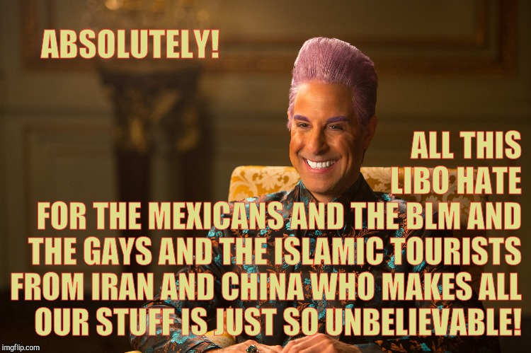 Hunger Games/Caesar Flickerman (Stanley Tucci) "heh heh heh" | ABSOLUTELY! ALL THIS                                        LIBO HATE FOR THE MEXICANS AND THE BLM AND THE GAYS AND THE ISLAMIC TOURISTS FRO | image tagged in hunger games/caesar flickerman stanley tucci heh heh heh | made w/ Imgflip meme maker